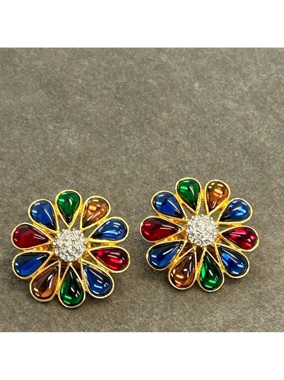 Multicoloured rainbow teardrop flower shaped cubic zirconia clip on earrings